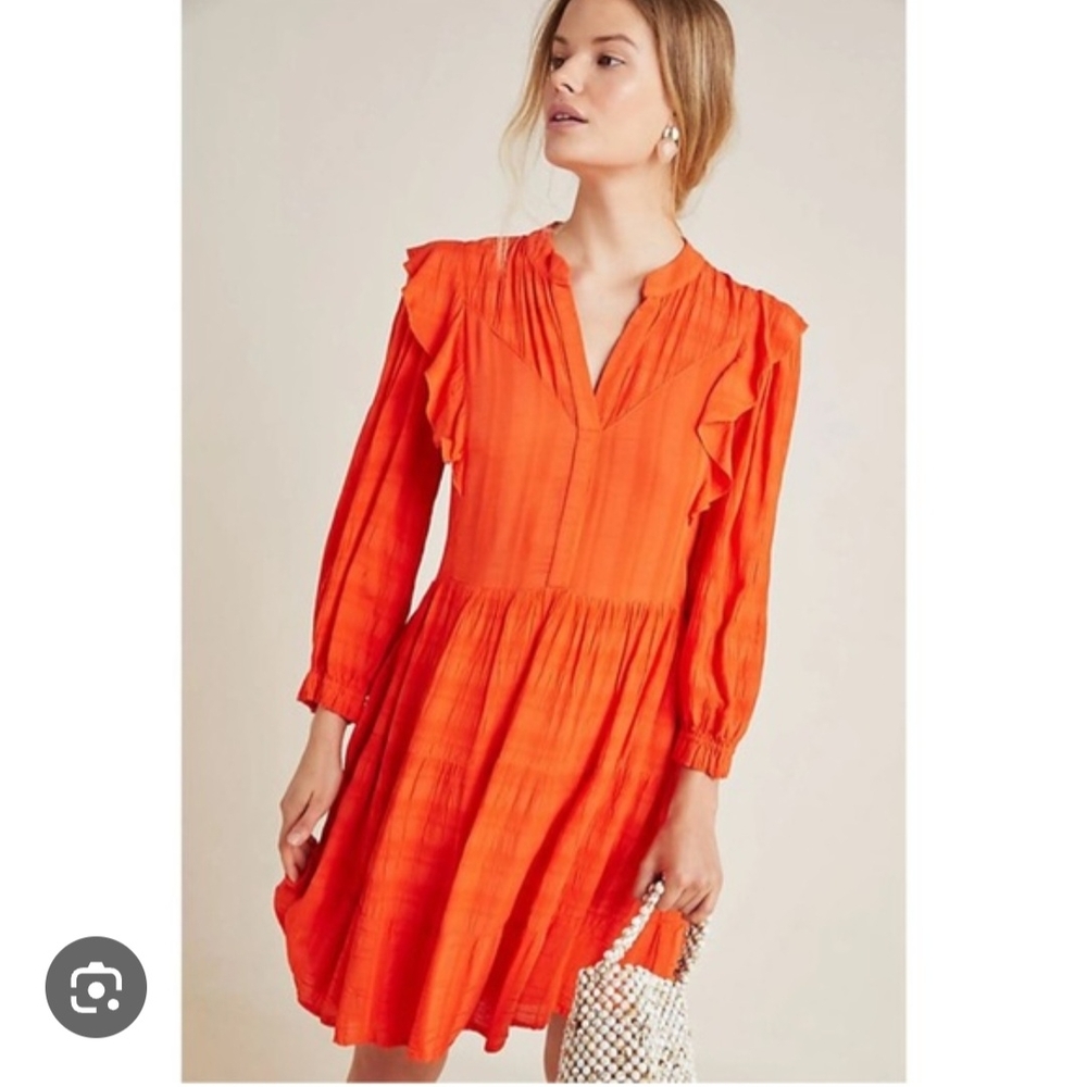 Anthropologie Orange Pleated Sundress with 3/4 Bishop Sleeves